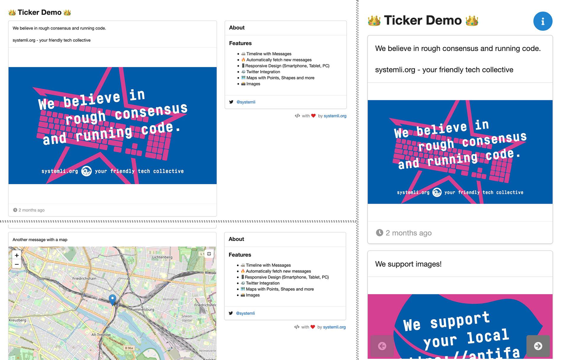 Ticker Frontend im Browser (links) und Smartphone (rechts)